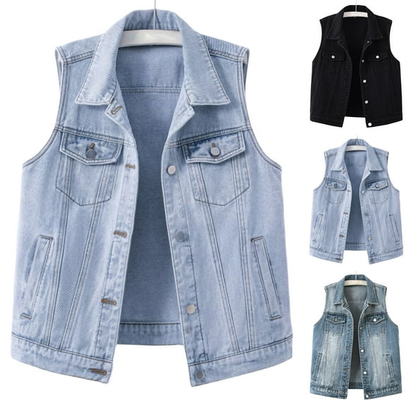 dazeni Womens 3/4 Sleeve Short Denim Jacket Lapel Button Down Light Cropped Jean Jackets Trucker Jean Jackets Coats with Pockets