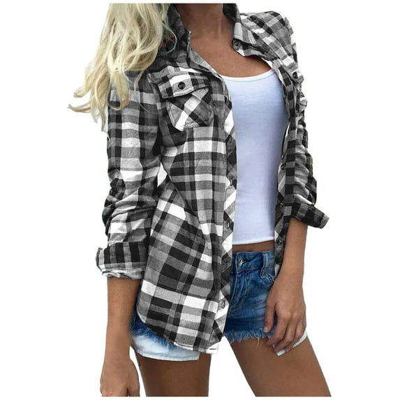 dazeni Womens Plaid Shirts Blouse Long Sleeve Button Down Shirts with Pocket Casual Business Blouse Tops
