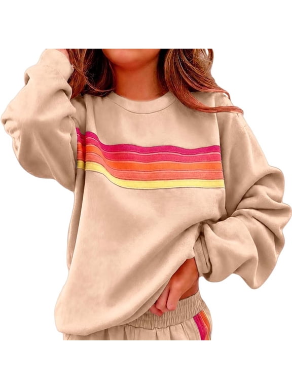 dazeni Rainbow Striped Sweatshirt for Women Oversized Crewneck Sweatshirts Fashion Long Sleeve Pullover Tops with Elastic Cuff Fall Loose Casual Outfit