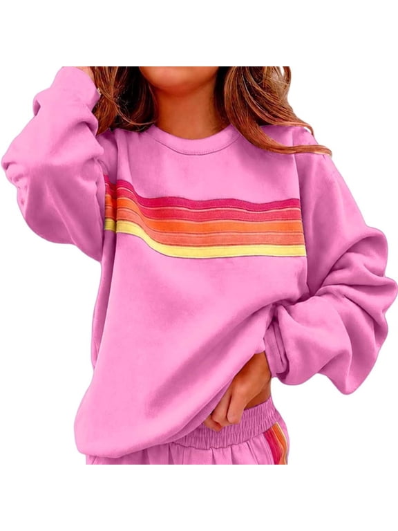 dazeni Rainbow Striped Sweatshirt for Women Oversized Crewneck Sweatshirts Fashion Long Sleeve Pullover Tops with Elastic Cuff Fall Loose Casual Outfit