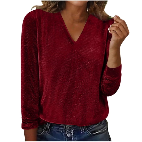 dazeni Sequin Long Sleeve Tops for Women Fashion V Neck Tunic Blouse Holiday Party Going out Shirts Wine Medium