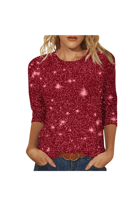 Sequin Tops for Women Sparkly 3/4 Sleeve Crewneck Shirts Lightweight Glitter Tunic Blouse Trendy Party Night Going Out Tops Red Small