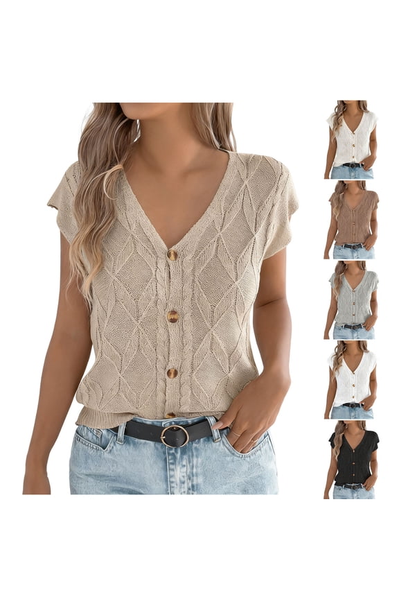 Short Sleeve Sweaters for Women Cap Sleeve Knit Button Down Shirs Summer Casual Cable Knitted V Neck Tops Black Large