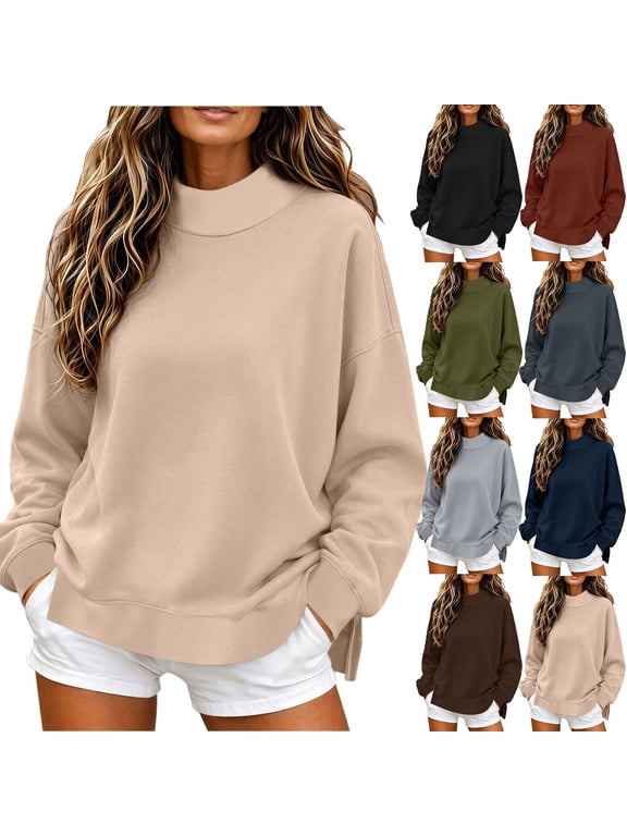 Side Split Hem Sweatshirts for Women High Neck Sweatshirt Plain Long Sleeve Workout Sweatshirts Lightweight Fleece Pullover Tops Black XX-Large