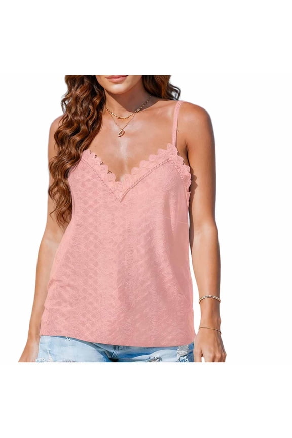 Spaghetti Strap Tank Tops for Women Ruffle V Neck Cami Tops Soft Solid Casual Sleeveless Eyelet Tee Pink Medium