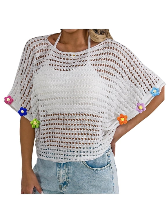 Summer Crochet Tops for Women 3D Flower Boho Hollow Out Sweaters Beach Vacation Cover Ups See Through Cap Sleeve Fishnet Swimsuit T Shirts White