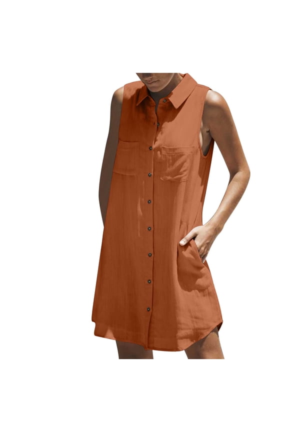 Summer Dress for Women Casual Sleeveless Shirts Dress with Pockets Solid Laple Button Down Sundress 2025 Trendy Beach Mini Dress