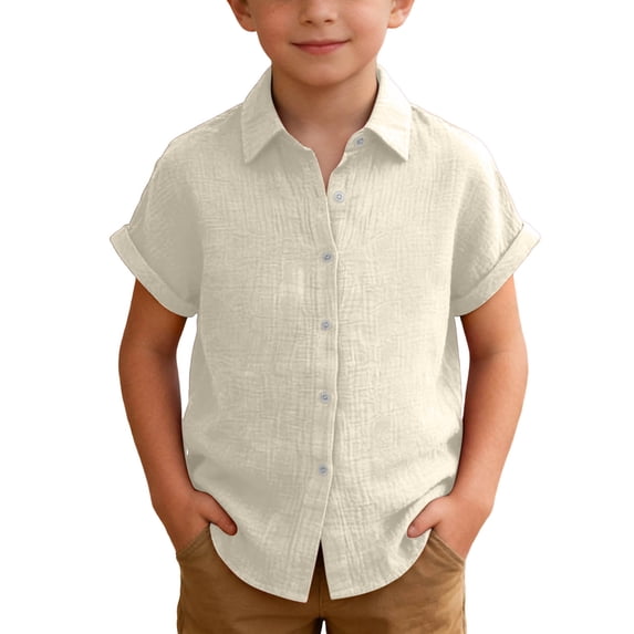 dazeni Summer Linen Shirts Girls Button Down Shirt Short Sleeve Blouse for Collared Lightweight Breathable Lapel Tops Beige 110