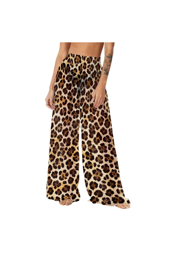 Summer See Through Boho Pants Floral Print Sheer Mesh High Waisted Cover up Pants Sun Protection Wide Leg Palazzo Pants Lightweight Flowy Beach Vacation Trousers Khaki Medium