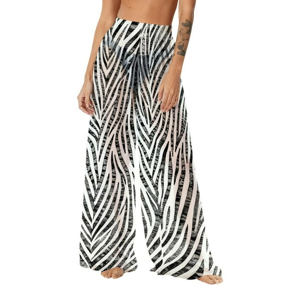 dazeni Summer See Through Boho Pants Floral Print Sheer Mesh High Waisted Cover up Pants Sun Protection Wide Leg Palazzo Pants Lightweight Flowy Beach Vacation Trousers White Large