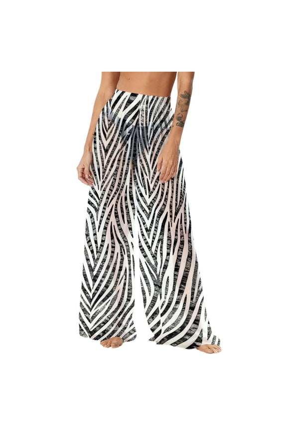 Summer See Through Boho Pants Floral Print Sheer Mesh High Waisted Cover up Pants Sun Protection Wide Leg Palazzo Pants Lightweight Flowy Beach Vacation Trousers White X-Large