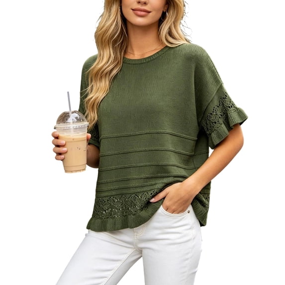 dazeni Summer Sweaters for Women Ruffle Flare Short Sleeve Knit Crochet Pullover Hollow out Oversized Crewneck Tops Army Green