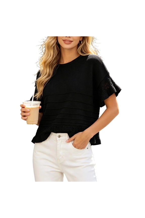 Sweaters for Women Ruffle Flare Short Sleeve Knit Crochet Pullover Hollow out Oversized Crewneck Tops Black