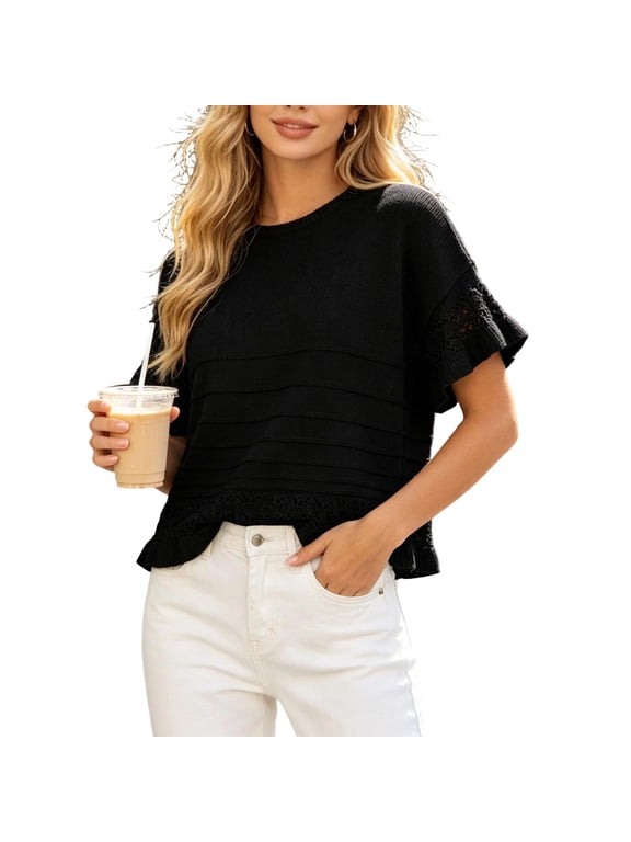 Summer Sweaters for Women Ruffle Flare Short Sleeve Knit Crochet Pullover Hollow out Oversized Crewneck Tops Black
