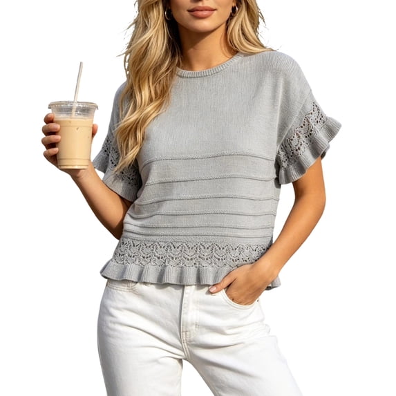dazeni Sweaters for Women Ruffle Flare Short Sleeve Knit Crochet Pullover Hollow out Oversized Crewneck Tops Gray