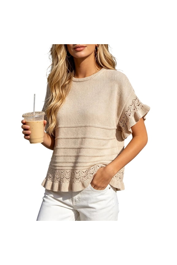 Summer Sweaters for Women Ruffle Flare Short Sleeve Knit Crochet Pullover Hollow out Oversized Crewneck Tops Khaki
