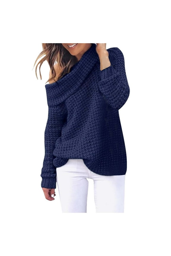 Sweaters for Womens Off The Shoulder Sweater Solid Lapel Oversized Long Sleeve Cable Knit Sweater Hollow out Loose Pullover Sweaters Tops
