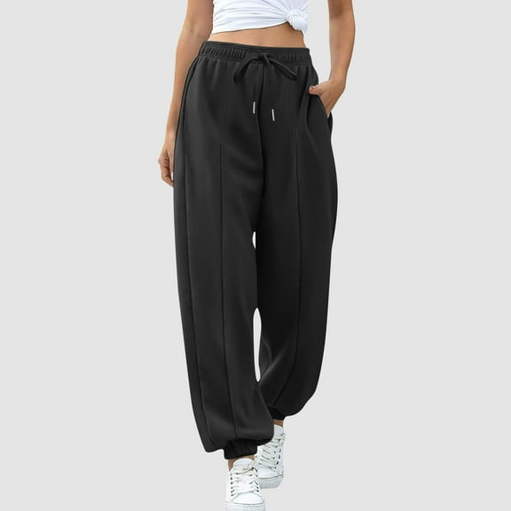 dazeni Sweatpants for Women High Waisted Balloon Pants Casual Athletic Workout Joggers Lounge Pants with Pockets Pleated New Style Black L