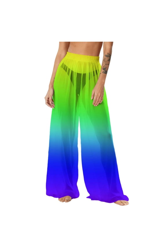 Swimsuit Coverup for Women See-Through Mesh High Waisted Long Pants Rainbow Colorful SwimsuitS Bikini Bottoms Cover Up Summer Wide Leg Loose Beach Trousers H Medium