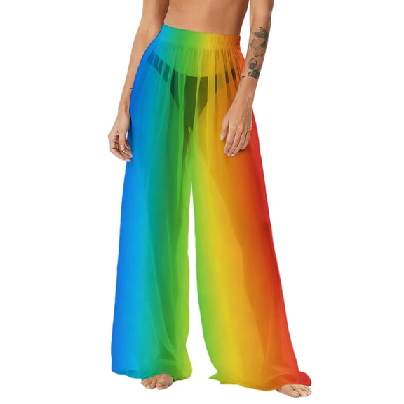 dazeni Swimsuit Coverup for Women See-Through Mesh High Waisted Long Pants Rainbow Colorful SwimsuitS Bikini Bottoms Cover Up Summer Wide Leg Loose Beach Trousers A X-Large