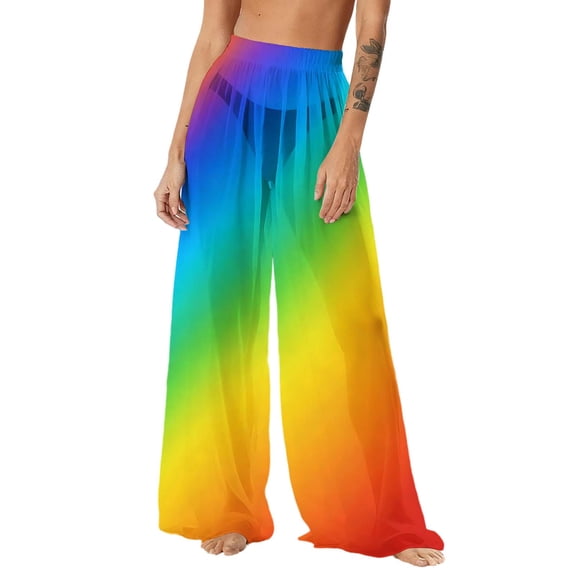 dazeni Swimsuit Coverup for Women See-Through Mesh High Waisted Long Pants Rainbow Colorful SwimsuitS Bikini Bottoms Cover Up Summer Wide Leg Loose Beach Trousers C Large