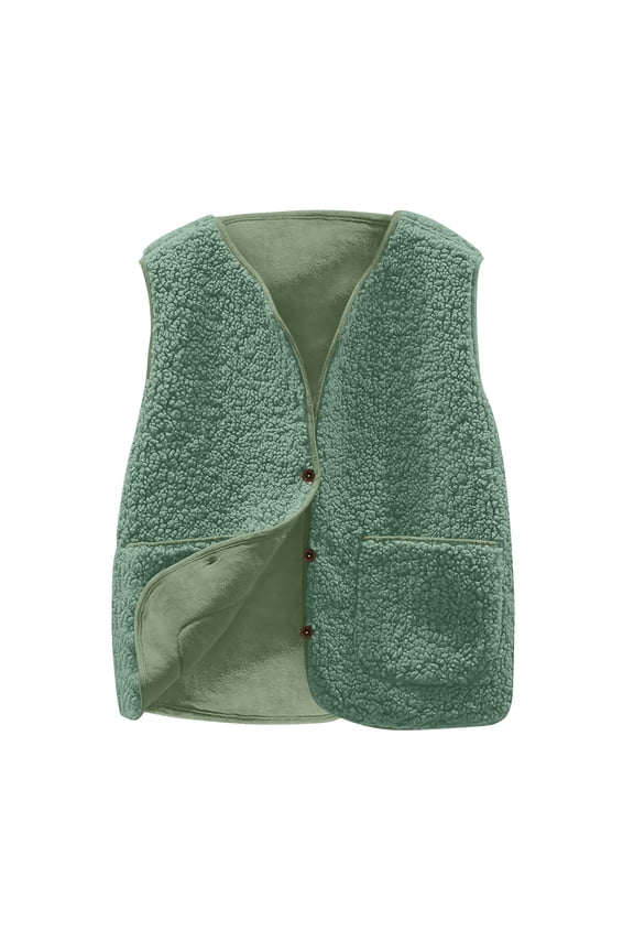Teen Boys Girls Fleece Vest Solid Sleeveless Fall Winter Jacekts Casual Button Down Waistcoat Outerwear with Pockets Green
