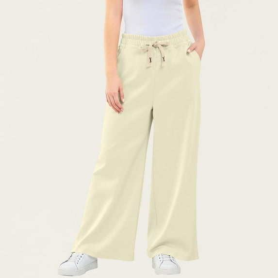 dazeni Teen Girl's Wide Leg Baggy Sweatpants Sports Elastic Waist Long Track Pants Trousers with Pockets Beige