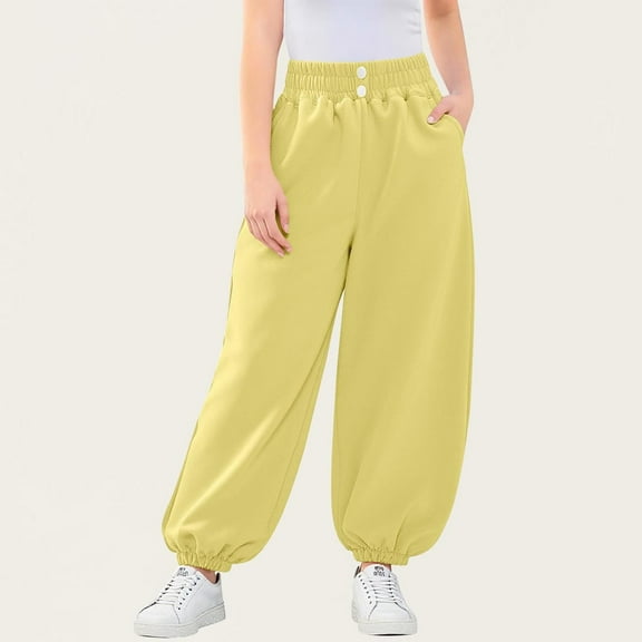 dazeni Teen Girl's Wide Leg Baggy Sweatpants Sports Elastic Waist Long Track Pants Trousers with Pockets Yellow2
