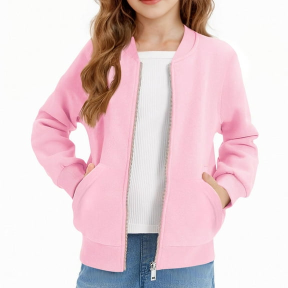 dazeni Teen Girls 4-15 Years Zip Up Sweatshirts Kids Casual Long Sleeve Sweatshirt Fashion Fall Bomber Jackets with Pockets Pink 11 Years