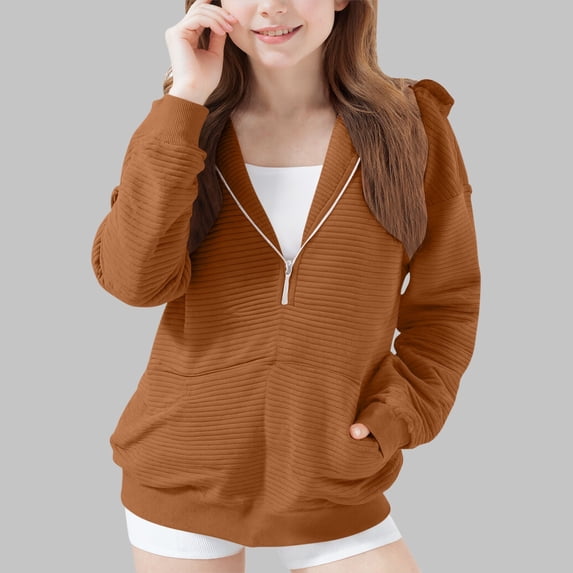 dazeni Teen Girls 5-15 Years Texture Zip Up Sweatshirts Kids Fashion Jacquard Hoodies Youth Long Sleeve Active Sport Jacket Coat with Pockets Brown 11 Years