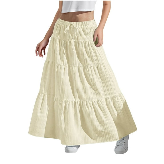 dazeni Teen Girls Casual Maxi Skirt Vintage Elastic High Waist Tiered Hem Long Swing Skirts Solid Boho Ankle Length Drawstring Skirts Fashion Beach Vacation Clothes 4-14T