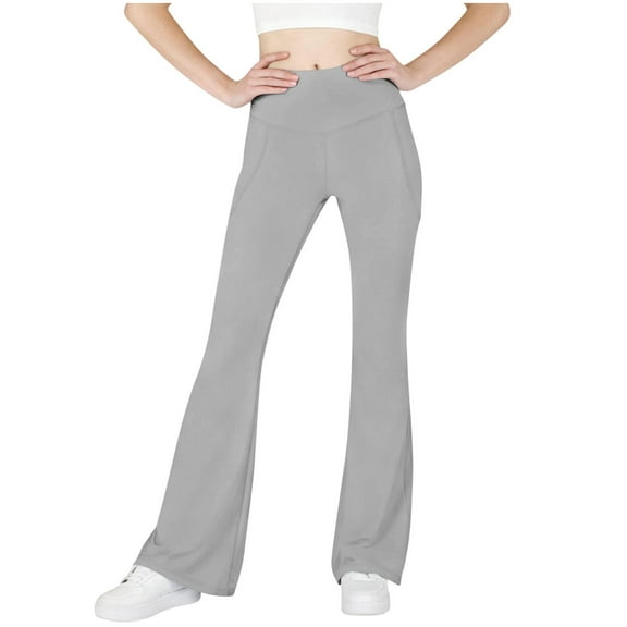 dazeni Teen Girls High Waist Flare Leggings Soft 4 Way Stretchy Yoga Pants with Pockets Tummy Control Dance Bell Bottoms Leggings Gray 14-15 Years