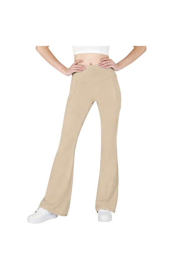 Teen Girls High Waist Flare Leggings Soft 4 Way Stretchy Yoga Pants with Pockets Tummy Control Dance Bell Bottoms Leggings Khaki 8-9 Years