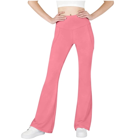 dazeni Teen Girls High Waist Flare Leggings Soft 4 Way Stretchy Yoga Pants with Pockets Tummy Control Dance Bell Bottoms Leggings Pink 12-13 Years