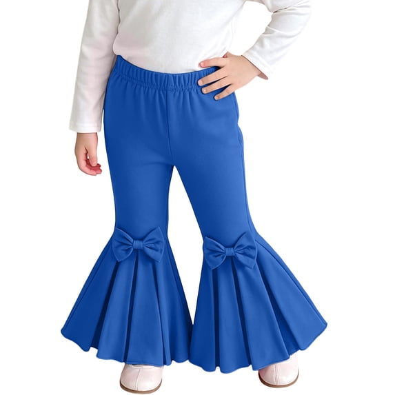 dazeni Toddler Girls Bell Bottom Pants 0-7 Years Cute Bow Ruffle Flare Pants High Waisted Bootcut Trousers Stretchy Dance Pants Blue 3 Years