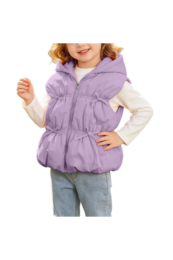 Toddler Girls Cute Bubble Puffy Vest with Rabbit Ear Hood Lightweight Full Zip Puffer Vest Solid Casual Sleeveless Quilted Coat