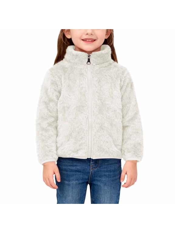 Toddler Girls Fleece Jacket 0-10 T Soft Sherpa Plush Zip Up Winter Warm Coat Soft Turtleneck Casual Long Sleeve Outwear Daily Wear White 5 Years