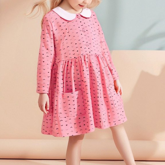 dazeni Toddler Girls Long Sleeve Dresses Cute Peter Pan Collar Tiered Swing A-Line Cute Midi Dress Loose Casual Crewneck Shirts Dress with Pockets Pink 3 years
