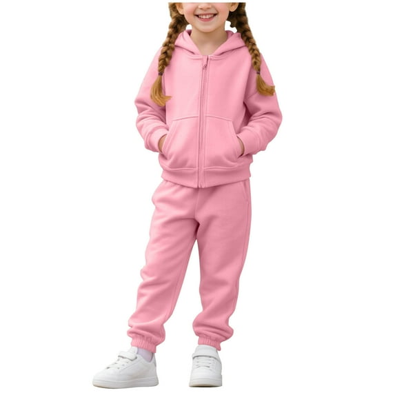 dazeni Toddler Girls Preppy Sweatsuit Set 2 Piece Cotton Outfits Solid Cozy Zip Up Hoodies and Joggers Fall Winter School Athletic Clothing Sets 1-10T
