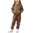thumbnail image 1 of dazeni Toddler Girls Preppy Sweatsuit Set 2 Piece Cotton Outfits Solid Cozy Zip Up Hoodies and Joggers Fall Winter School Athletic Clothing Sets 1-10T, 1 of 9