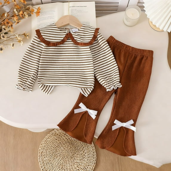 dazeni Toddler Little Girls Fall Winter Outfits Two Piece Set with Ribbed Knit Long Sleeve Pullover and Pants Fashion Cute Flare Pants Sets 2 Years