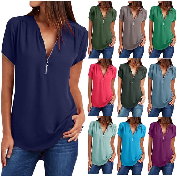 dazeni Tops for Womens Short Sleeve T Shirts Eleganh Chiffon Half Zip Shirts for Work Business Solid Loose Flowy Hem Tee Regular and Plus Size Light Blue X-Large