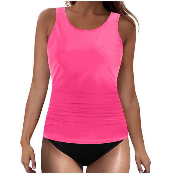 dazeni Tummy Control Tankini Swimsuits for Women Two Piece Bathing Suit Modest Beach Swim Suit Solid Padded Crewneck Tank Tops and Swim Bottom Hot Pink Large