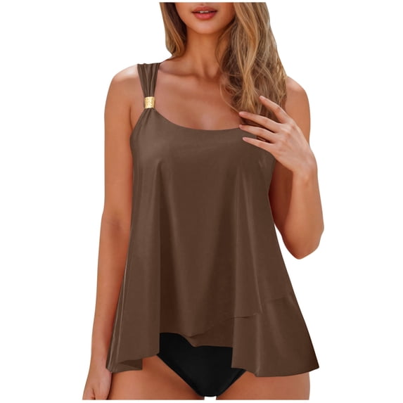 dazeni Tummy Control Tankini Swimsuits for Women Two Piece Bathing Suit Modest Flowy Beach Swim Suit Tank Tops and High Waist Bikini Briefs Brown Small