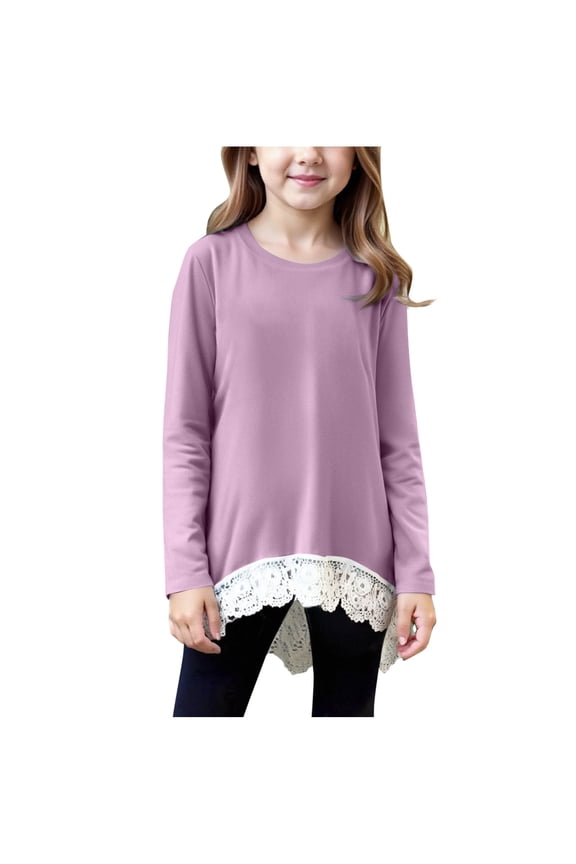 Tween Girls Tunic Tops Trendy Lace Trim Hem Flowy Casual Dressy Tops Long Sleeve Crewneck Shirts Y2k Clothes Fashion Fall Clothes