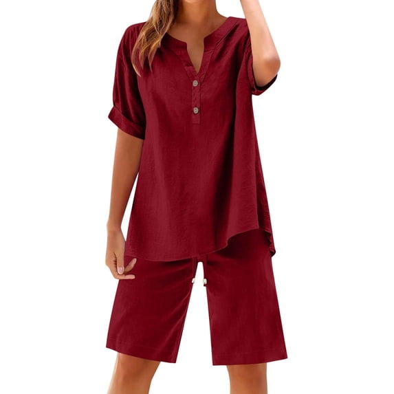 dazeni Two Piece Travel Sets for Women Plus Size Linen Sets Oversized Roll Short Sleeve Button Shirt and Shorts Streetwear Outfits Wine XL