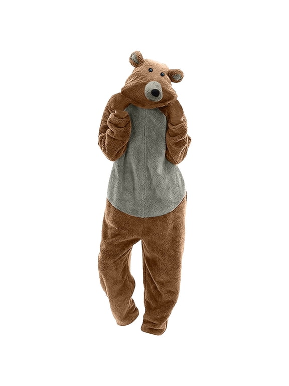 Unisex Adult Onesie Pajamas Flannel Cute Bear Onesie Pajamas Hooded Pajamas One Piece Footed Jumpsuit Teenager