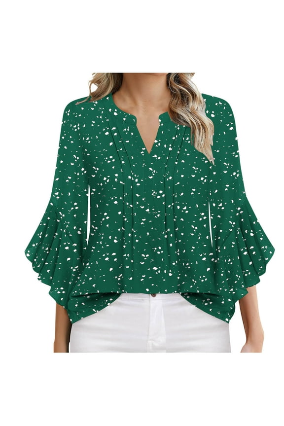 V Neck T Shirts for Women Fashion Polka Dot Print 3/4 Sleeve Tunic Tops Pleated Peplum Blouse Floarl Trendy Casual Dressy Tops
