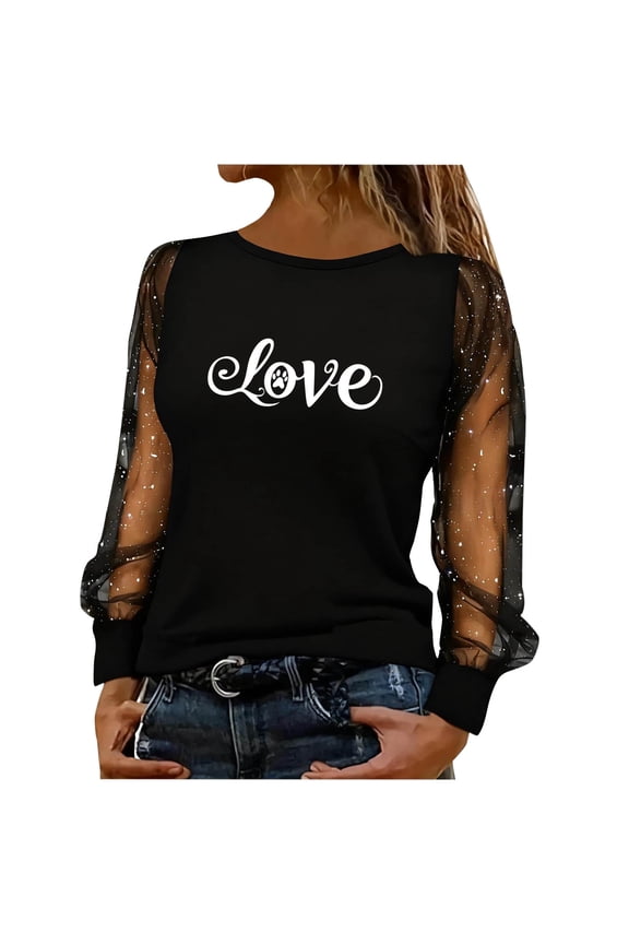 Valentine's Day Tops for Women Trendy Sequin Mesh Sheer Patchwork Heart Print Blouse Long Sleeve Smock Neck Work Business Shirts Black2 Medium