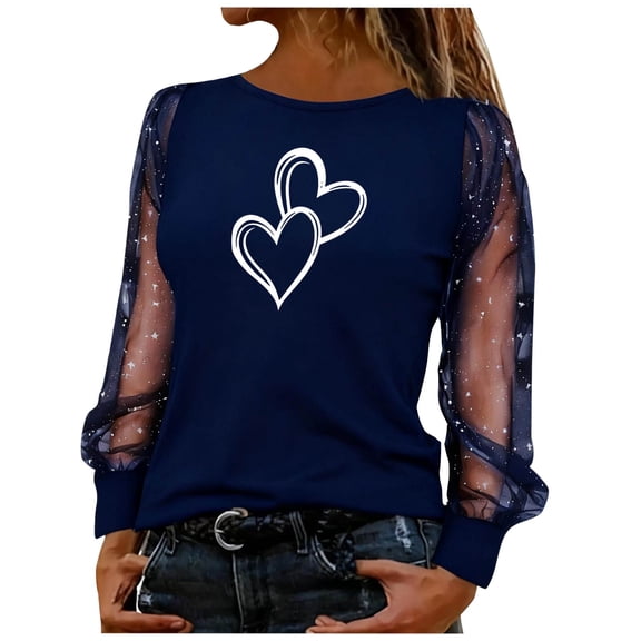dazeni Valentine's Day Tops for Women Trendy Sequin Mesh Sheer Patchwork Heart Print Blouse Long Sleeve Smock Neck Work Business Shirts Navy3 Small
